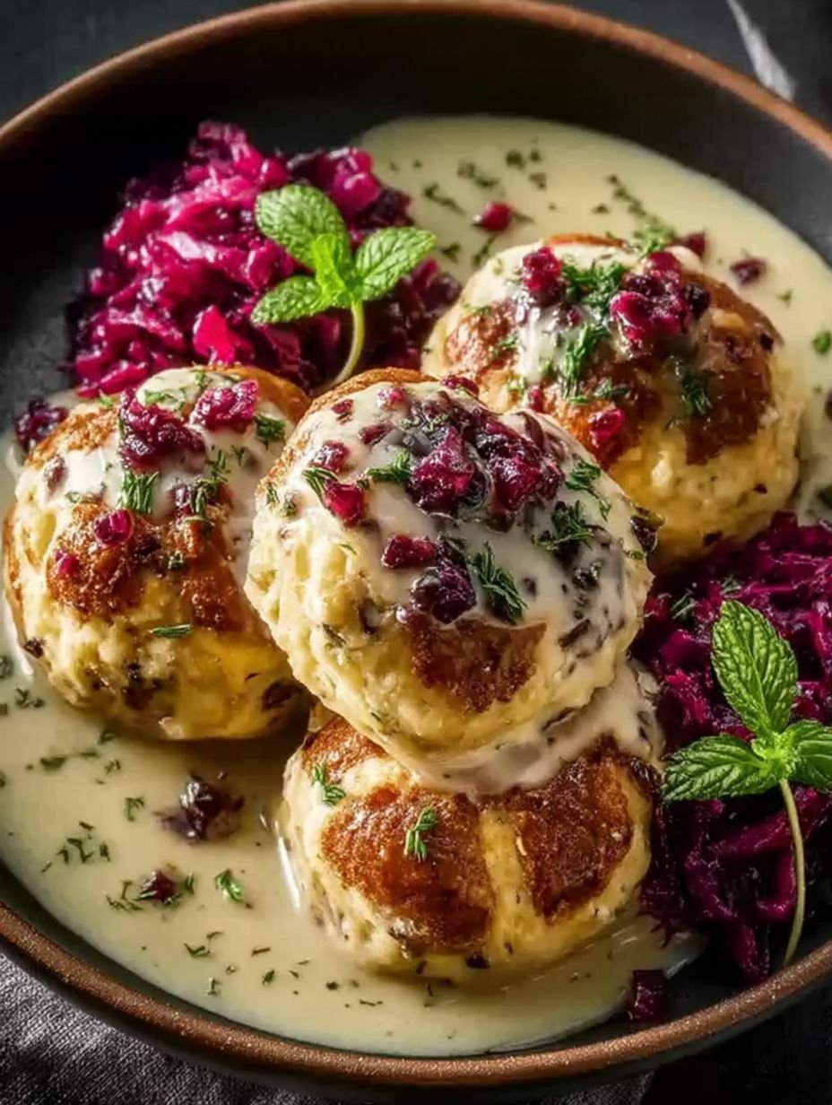 Laugenknödel mit fruchtigem Rotkohl und einer cremigen Rinderspecksauce image 2