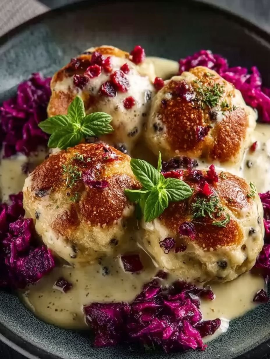 Brezenknödel mit fruchtigem Rotkohl und Speck-Sahne-Sauce image 2