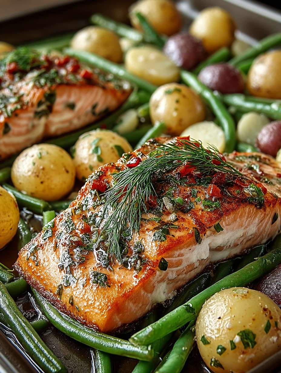 Einfaches Blechlachs Rezept mit grünen Bohnen und Kartoffeln image 2