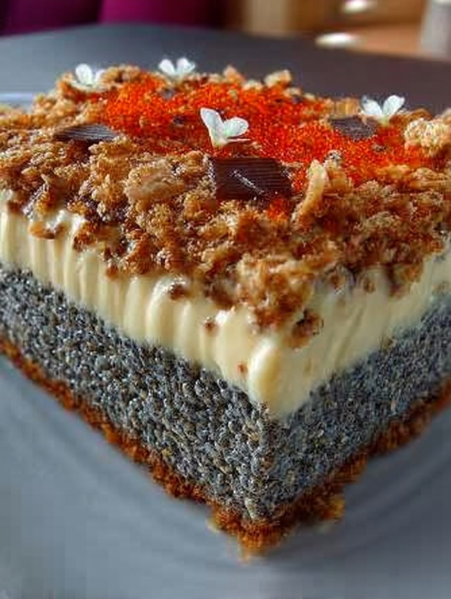 MOHNKUCHEN OHNE BODEN MIT PARADIESCREME UND HASELNUSSKROKANT image 2